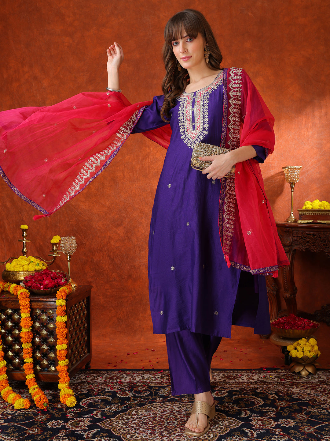 Sequin & Thread Embroidered Kurta With Pant & Embroidered Dupatta, Purple - Hiral Fashion | Grocsy