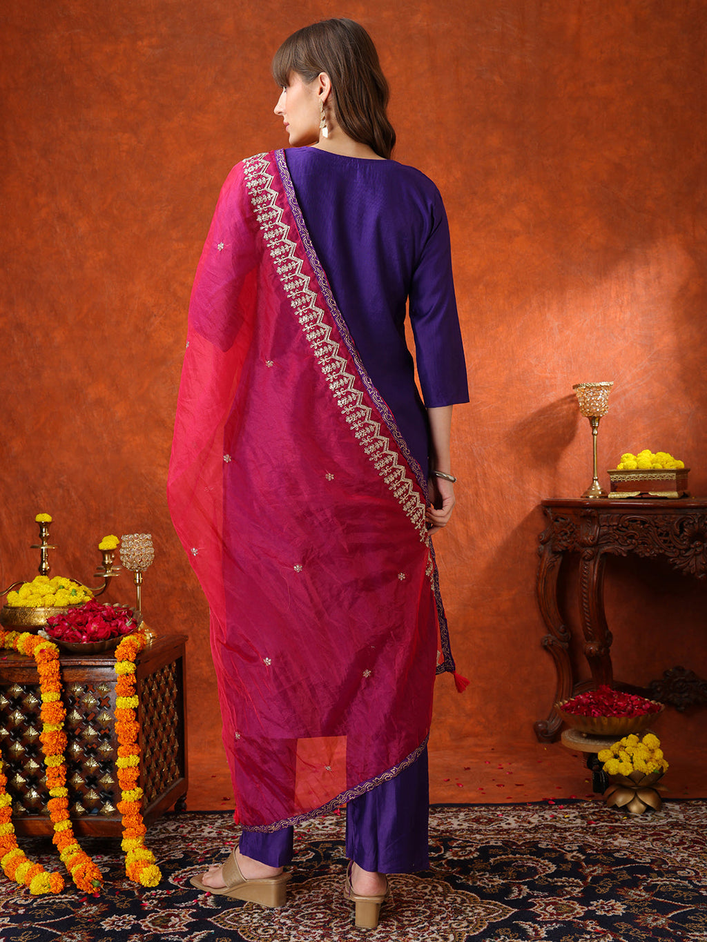 Sequin & Thread Embroidered Kurta With Pant & Embroidered Dupatta, Purple - Hiral Fashion | Grocsy