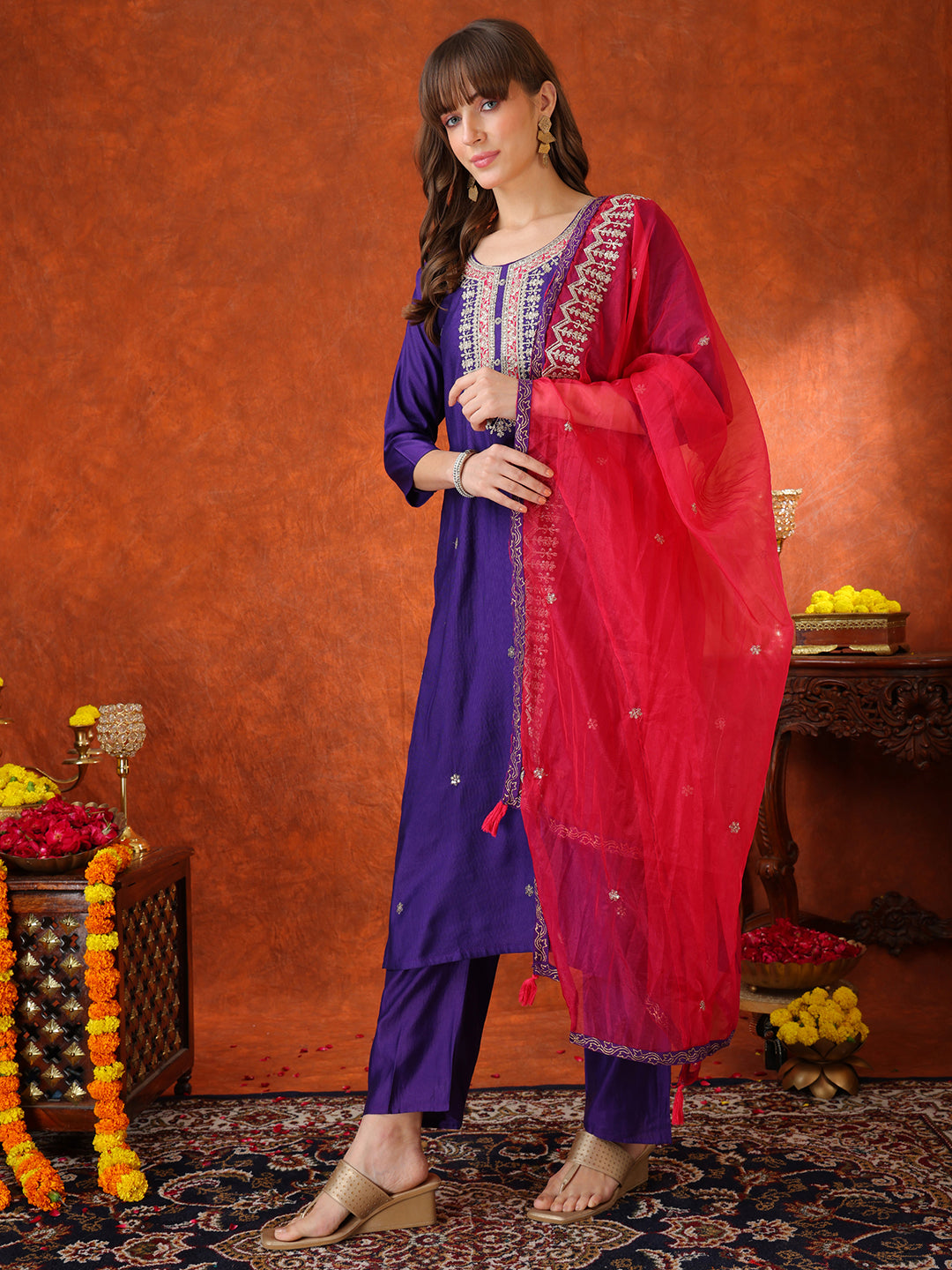 Sequin & Thread Embroidered Kurta With Pant & Embroidered Dupatta, Purple - Hiral Fashion | Grocsy