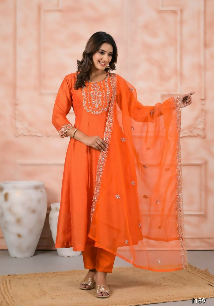 Ethnic Festive Wear Slik Orange Stitched Suit With Dupatta - Anbazaar | Grocsy