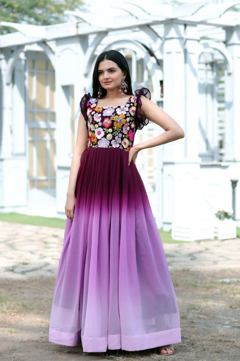 Jyoti Fashion Women's Wine Sequins Embroidery Faux Blooming Anarkali Dress | Grocsy