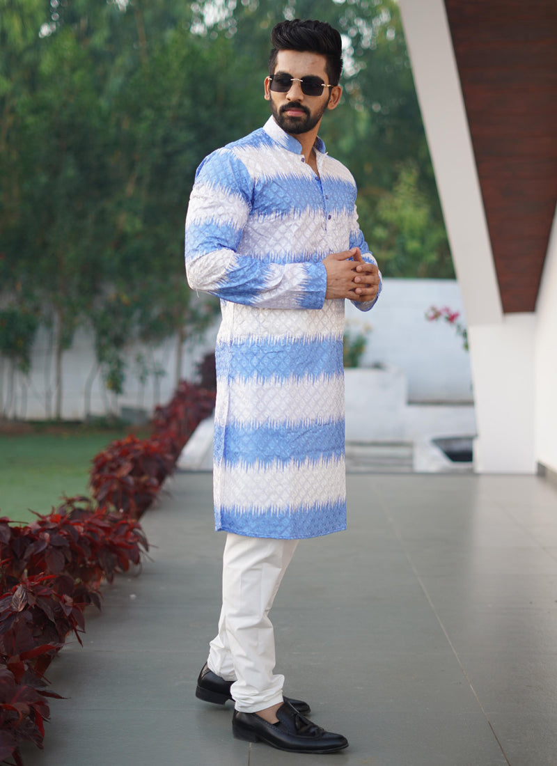 Prazu Fashion Blue Cotton Embroidered Shading Print Kurta | Grocsy