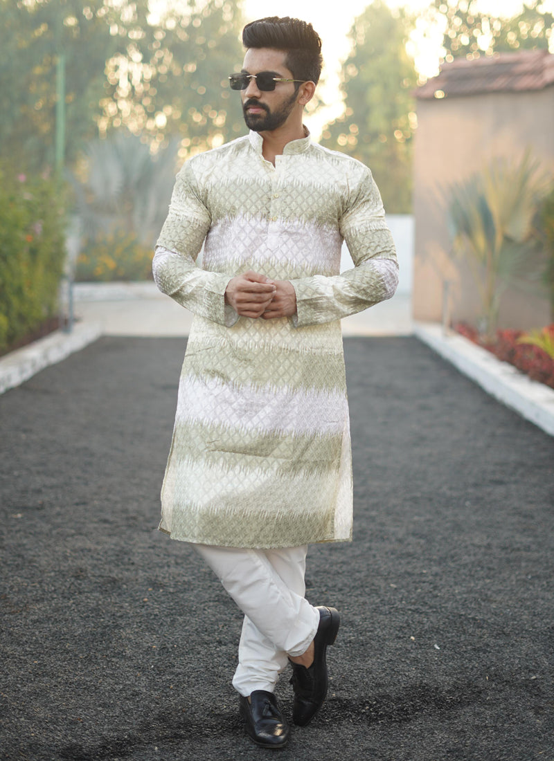 Prazu Fashion Mahendi Cotton Embroidered Shading Print Kurta | Grocsy