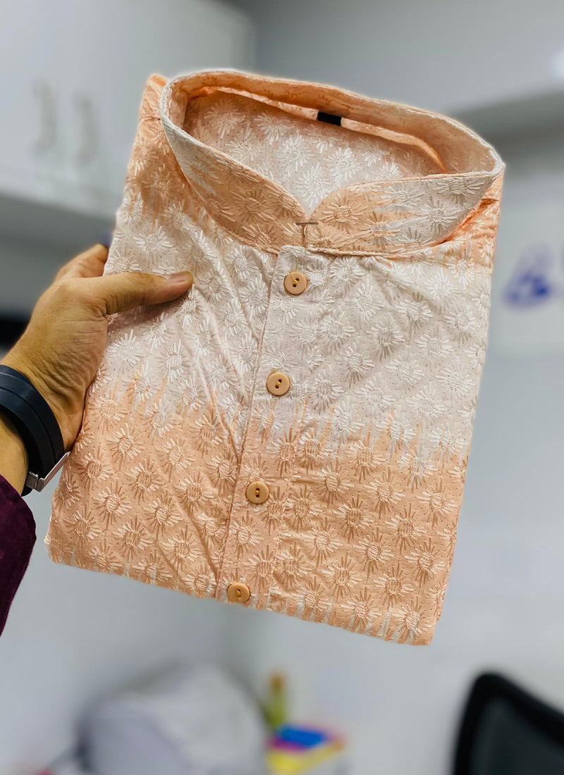 Prazu Fashion Light Orange Cotton Embroidered Shading Print Kurta | Grocsy