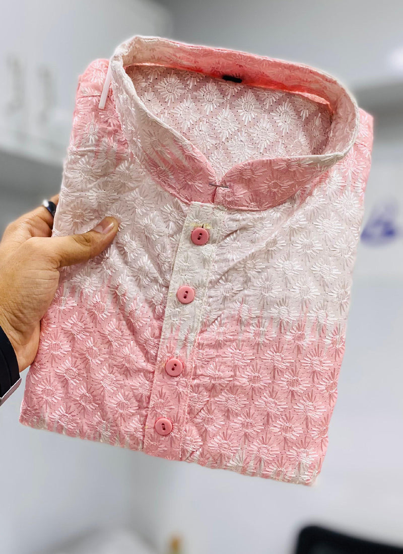 Prazu Fashion Light Pink Cotton Embroidered Shading Print Kurta | Grocsy