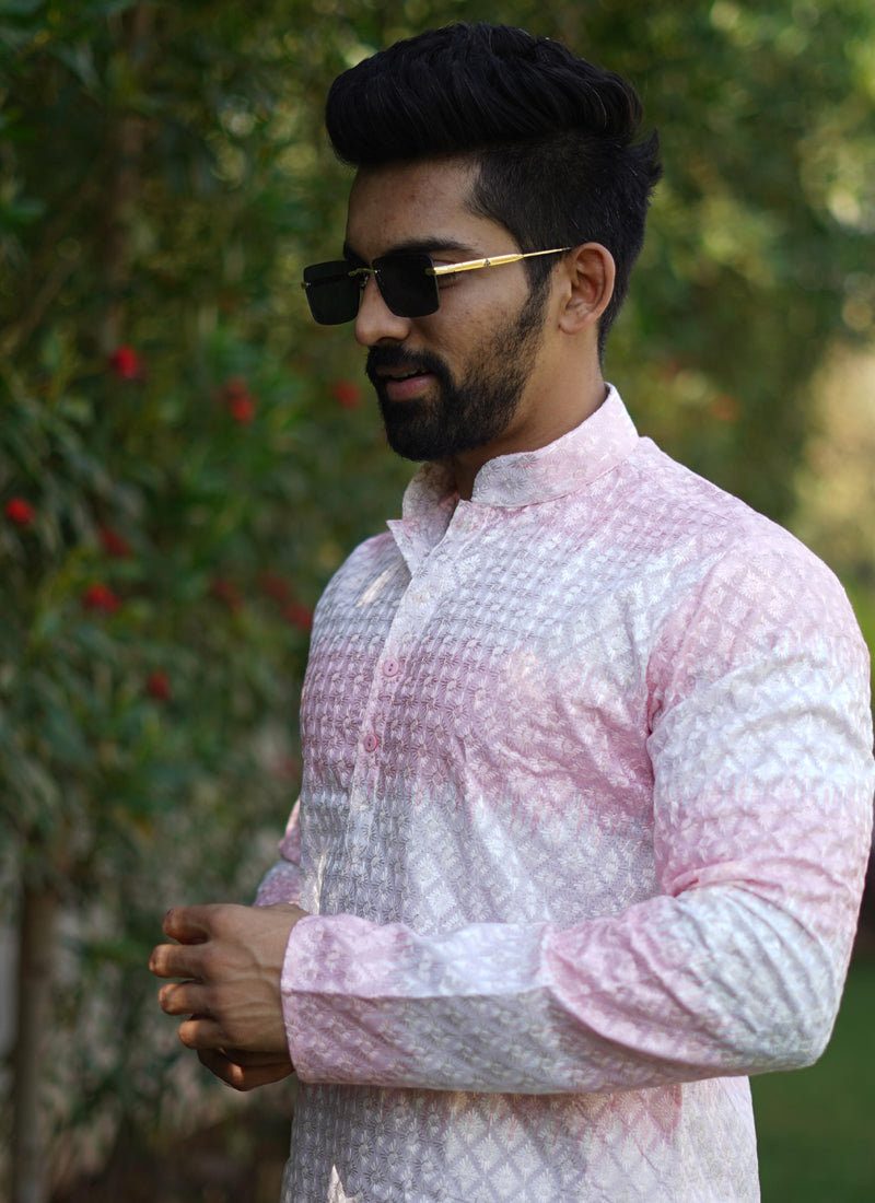 Prazu Fashion Light Pink Cotton Embroidered Shading Print Kurta | Grocsy