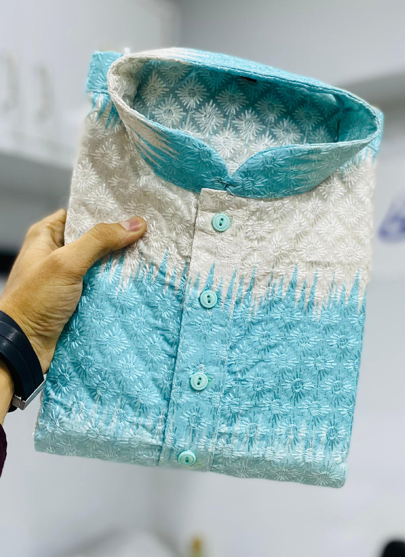 Prazu Fashion Sky Blue Cotton Embroidered Shading Print Kurta | Grocsy