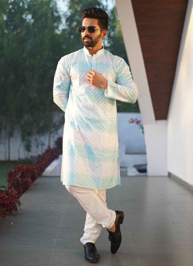 Prazu Fashion Sky Blue Cotton Embroidered Shading Print Kurta | Grocsy