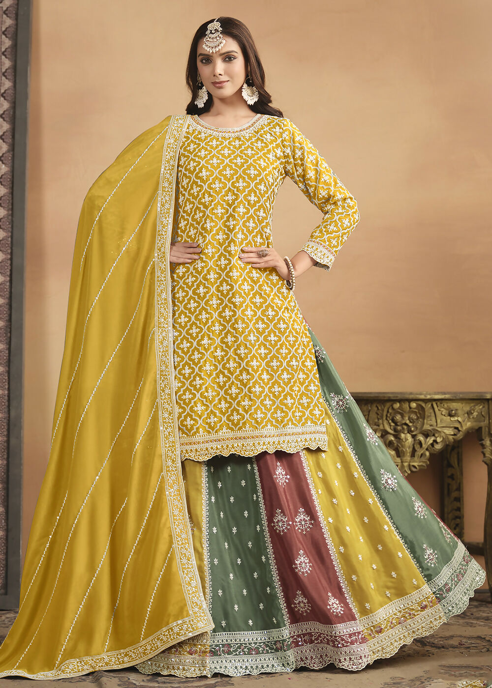 Chinnon Yellow Multicolor Embroidered Lehenga Style Suit - Emponline | Grocsy