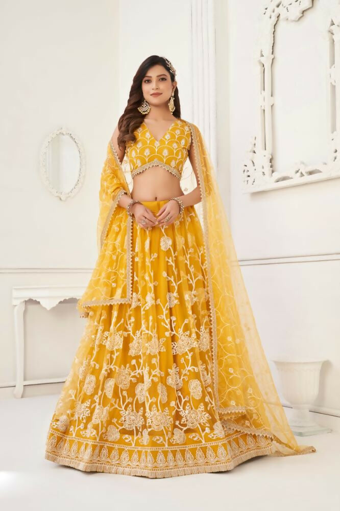 Aastha Fashion Mustard Yellow Butterfly Net White Cotton Thread Work And Sequence Work Embroidery Wedding Wear Lehenga Choli | Grocsy
