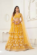 Aastha Fashion Mustard Yellow Butterfly Net White Cotton Thread Work And Sequence Work Embroidery Wedding Wear Lehenga Choli | Grocsy