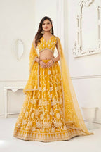 Aastha Fashion Mustard Yellow Butterfly Net White Cotton Thread Work And Sequence Work Embroidery Wedding Wear Lehenga Choli | Grocsy