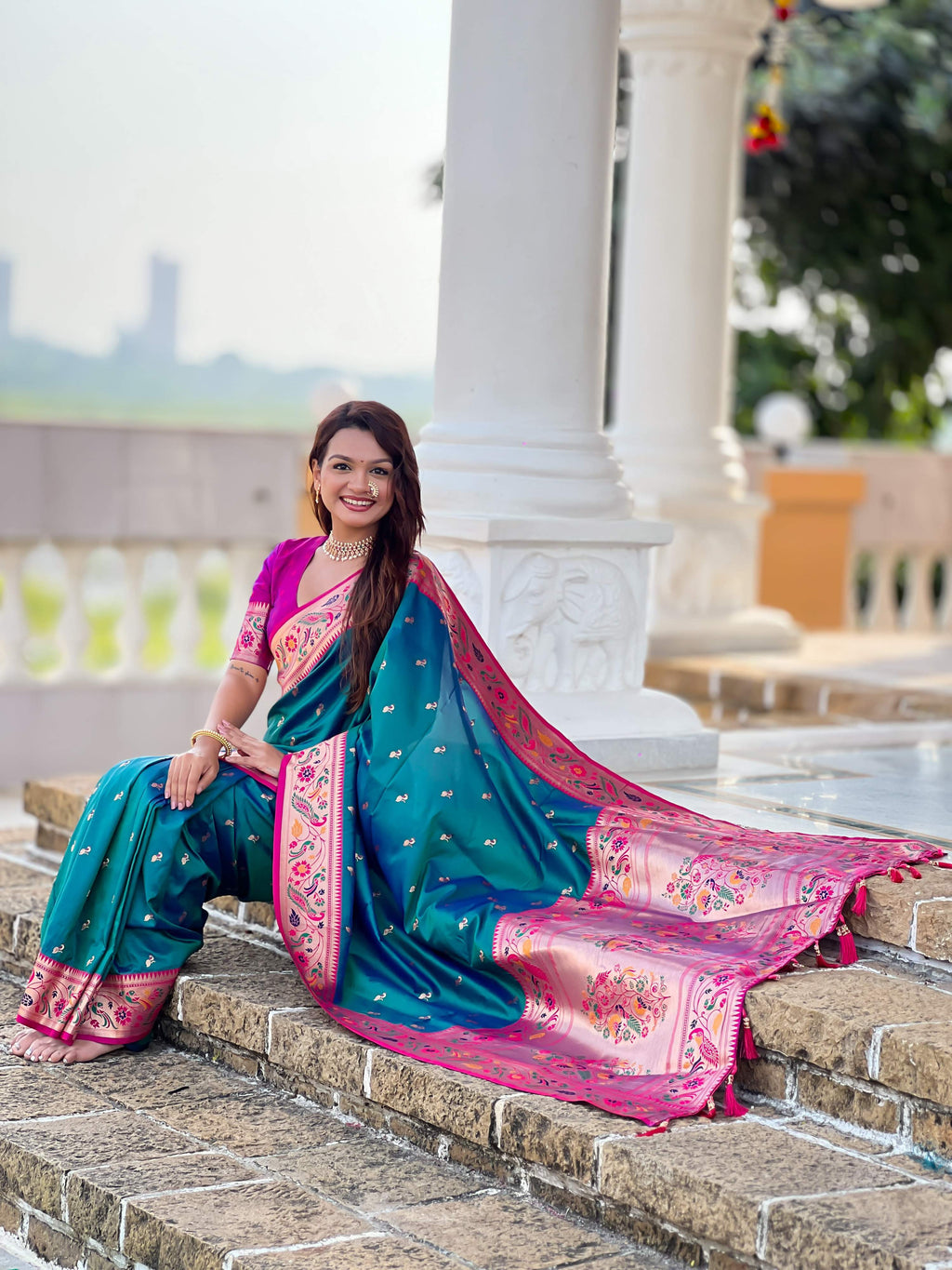 Mameraa Sarees Sky Blue Faux Banarasi Silk Saree With Paithani Rich Weaved Pallu And Blouse-Sky_Blue | Grocsy