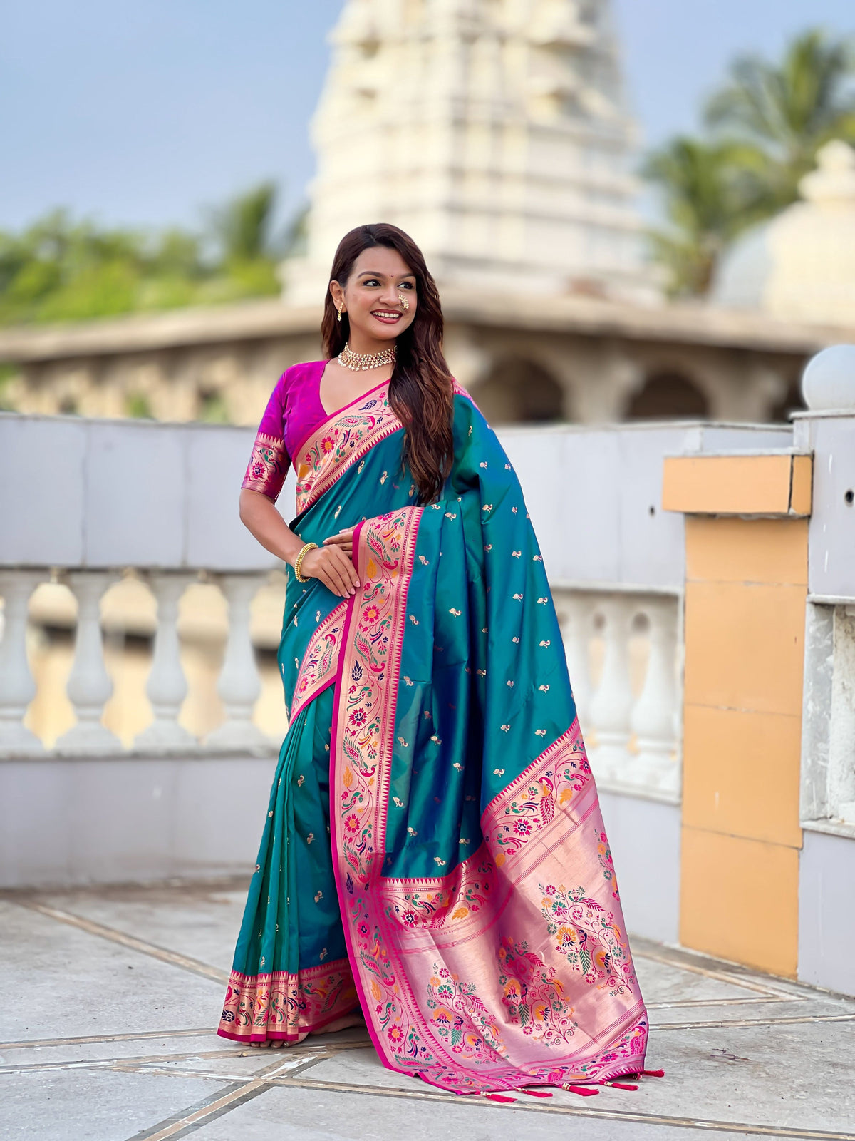 Mameraa Sarees Sky Blue Faux Banarasi Silk Saree With Paithani Rich Weaved Pallu And Blouse-Sky_Blue | Grocsy
