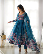 Lorenvalley Fashion Women Pure Soft Organza Silk Floral Print Fully Flair Anarkali With Pent Dupatta Set - Teal | Grocsy