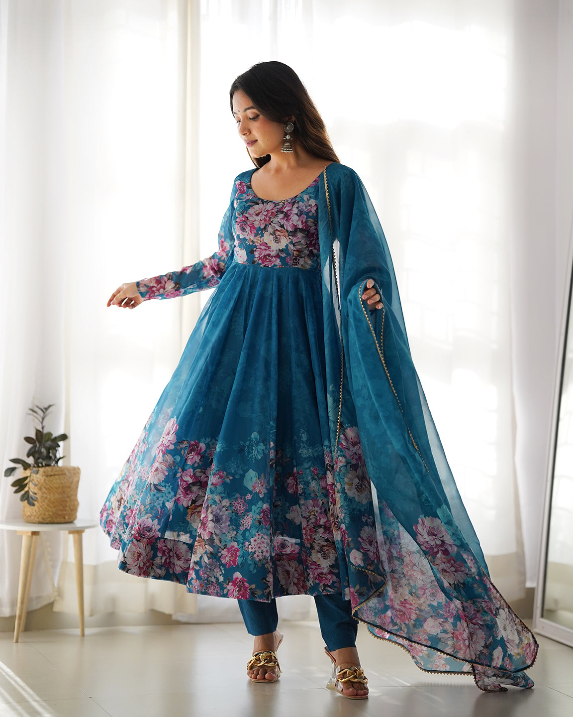 Lorenvalley Fashion Women Pure Soft Organza Silk Floral Print Fully Flair Anarkali With Pent Dupatta Set - Teal | Grocsy