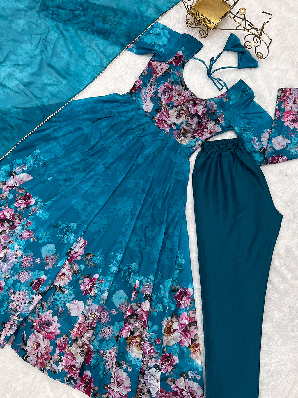 Lorenvalley Fashion Women Pure Soft Organza Silk Floral Print Fully Flair Anarkali With Pent Dupatta Set - Teal | Grocsy
