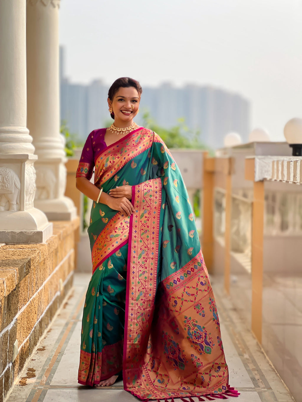 Mameraa Sarees Sea Green Faux Banarasi Silk Saree With Paithani Rich Weaved Pallu And Blouse-Sea_Green | Grocsy