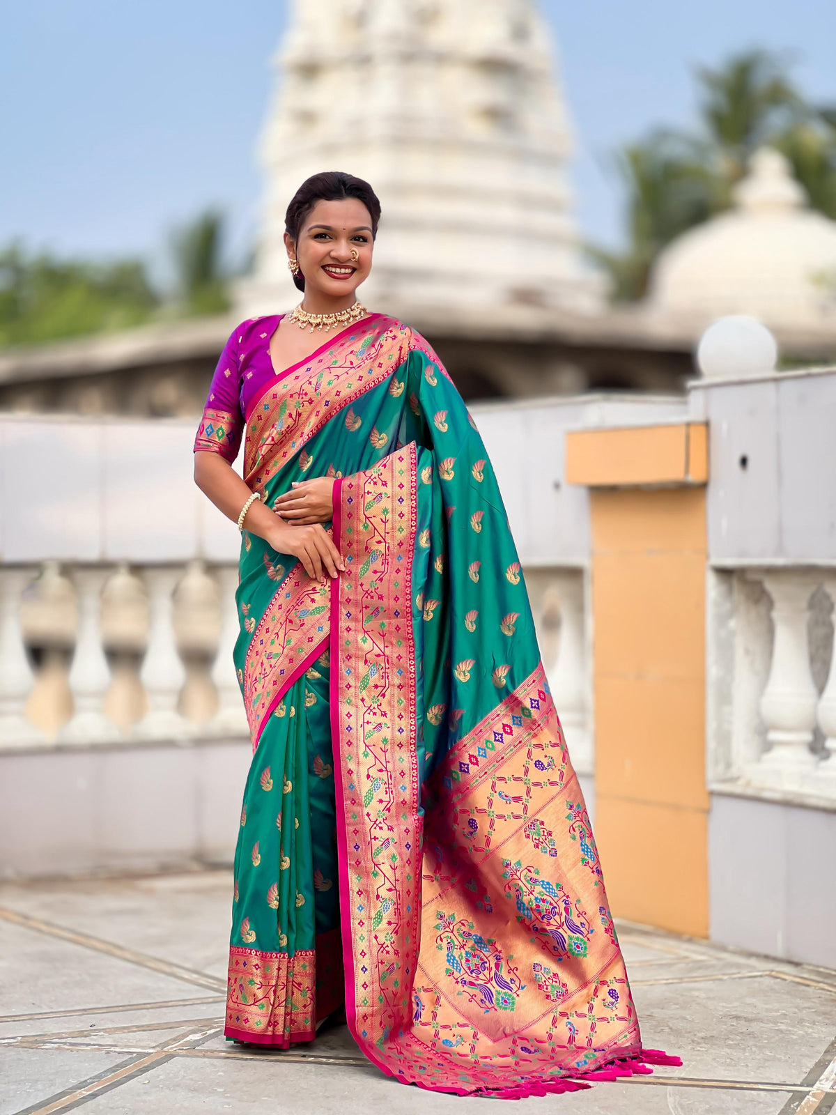 Mameraa Sarees Sea Green Faux Banarasi Silk Saree With Paithani Rich Weaved Pallu And Blouse-Sea_Green | Grocsy