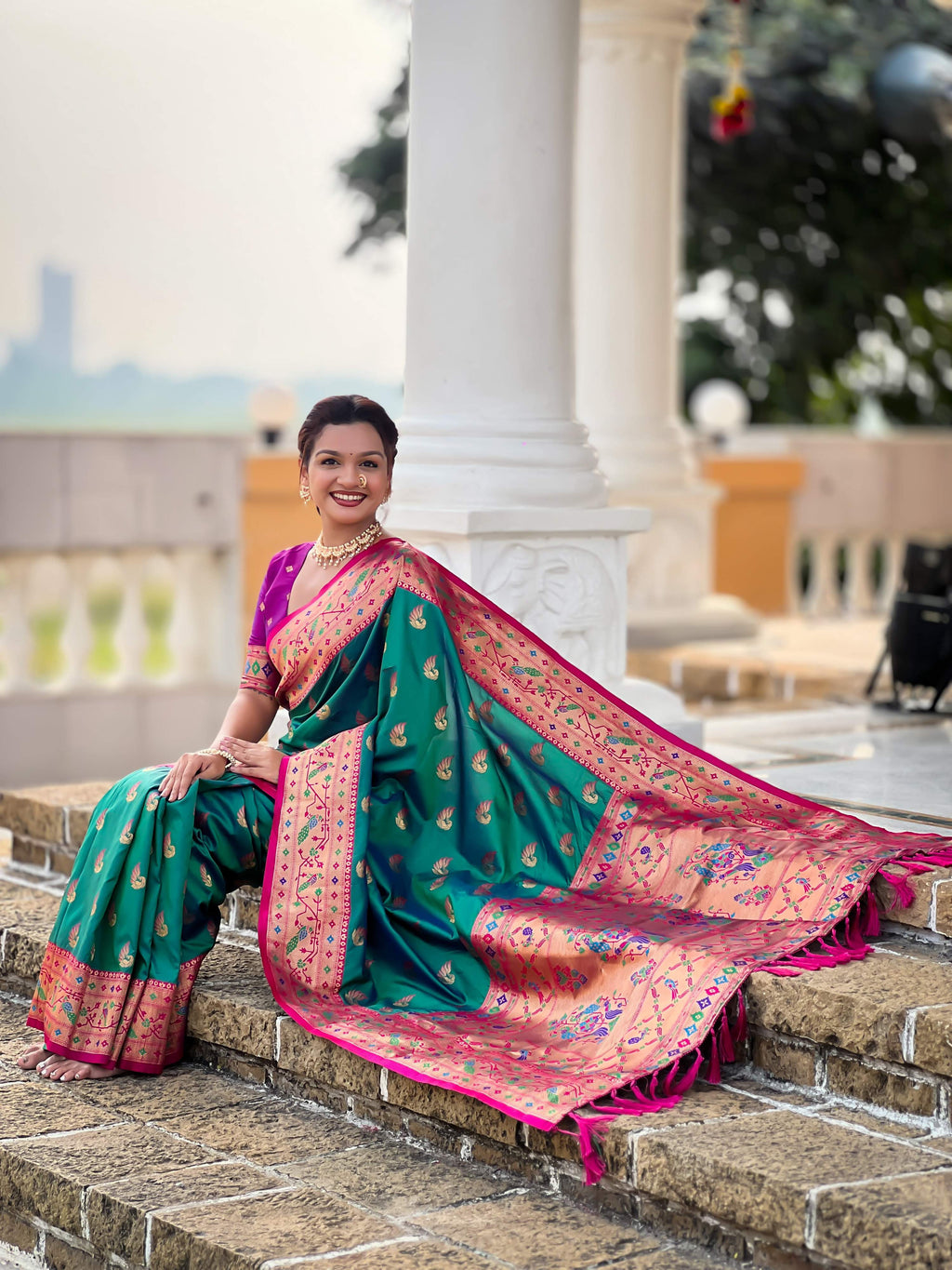 Mameraa Sarees Sea Green Faux Banarasi Silk Saree With Paithani Rich Weaved Pallu And Blouse-Sea_Green | Grocsy