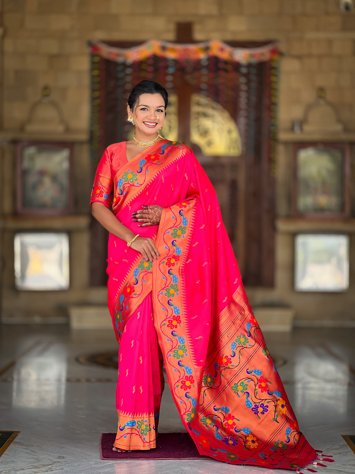 Mameraa Sarees Pink Green Faux Banarasi Silk Saree With Paithani Rich Weaved Pallu And Blouse-Pink | Grocsy