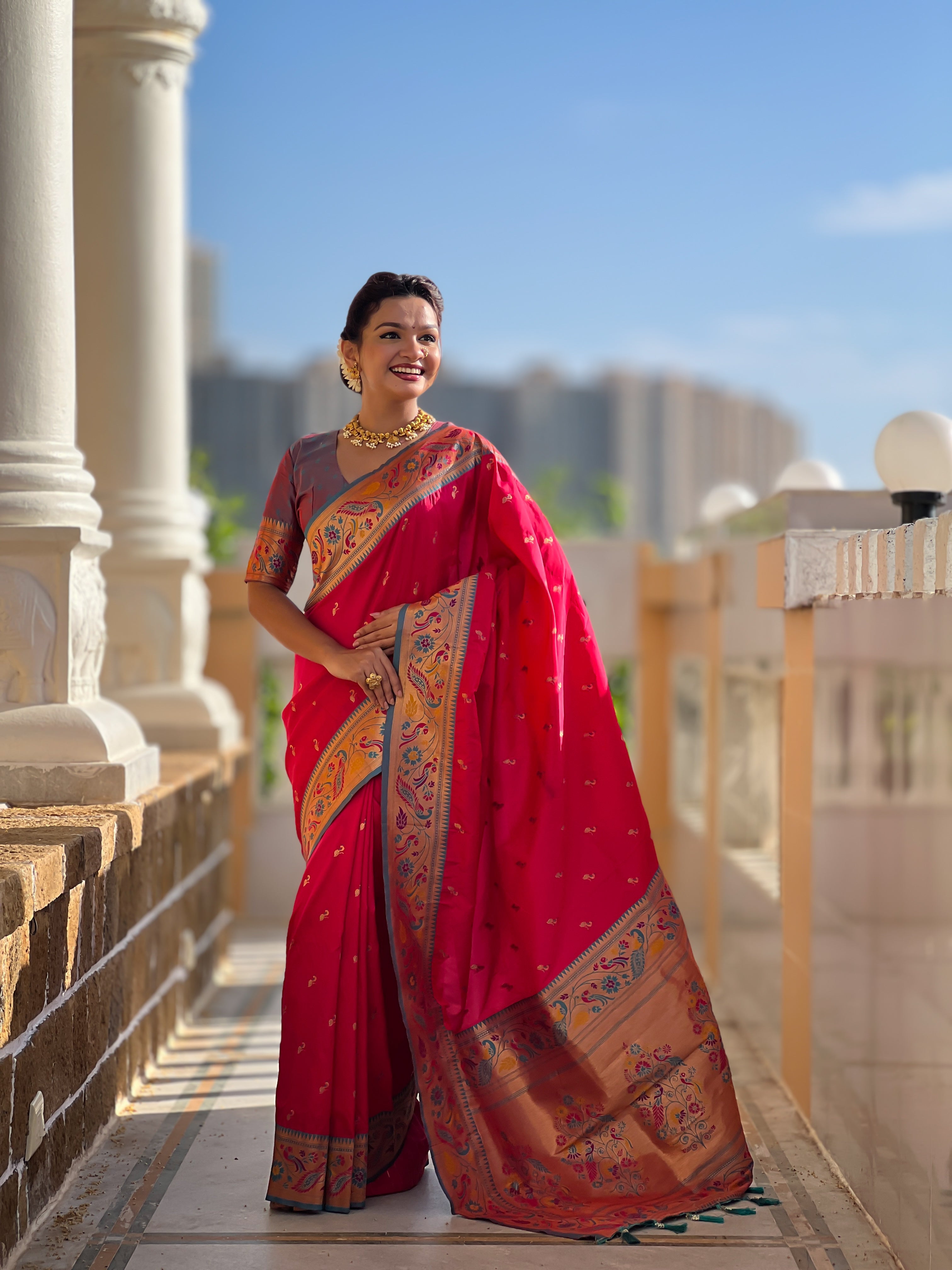 Mameraa Sarees Pink Green Faux Banarasi Silk Saree With Paithani Rich Weaved Pallu And Blouse-Pink | Grocsy