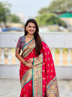 Mameraa Sarees Pink Green Faux Banarasi Silk Saree With Paithani Rich Weaved Pallu And Blouse-Pink | Grocsy