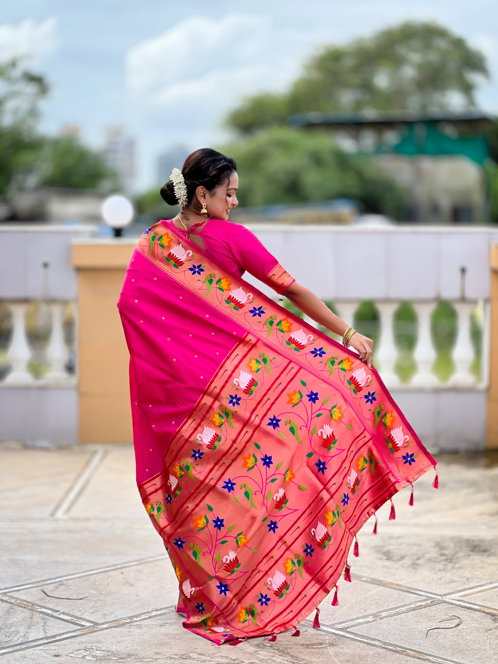 Mameraa Sarees Rani Pink Faux Banarasi Silk Saree With Paithani Rich Weaved Pallu And Blouse-Rani_Pink | Grocsy