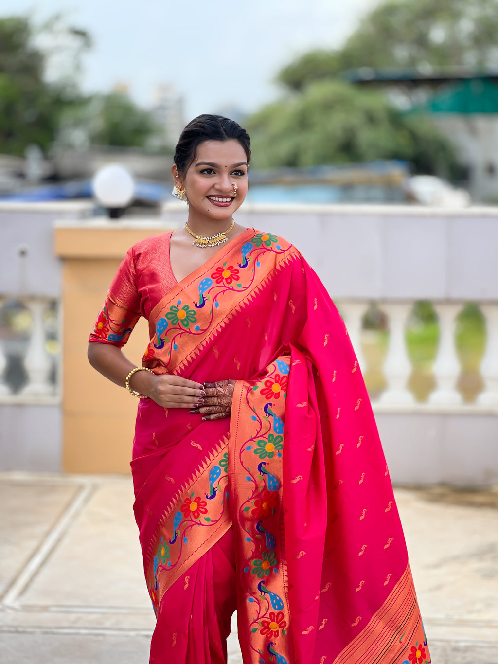 Mameraa Sarees Pink Green Faux Banarasi Silk Saree With Paithani Rich Weaved Pallu And Blouse-Pink | Grocsy