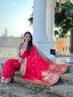 Mameraa Sarees Pink Green Faux Banarasi Silk Saree With Paithani Rich Weaved Pallu And Blouse-Pink | Grocsy