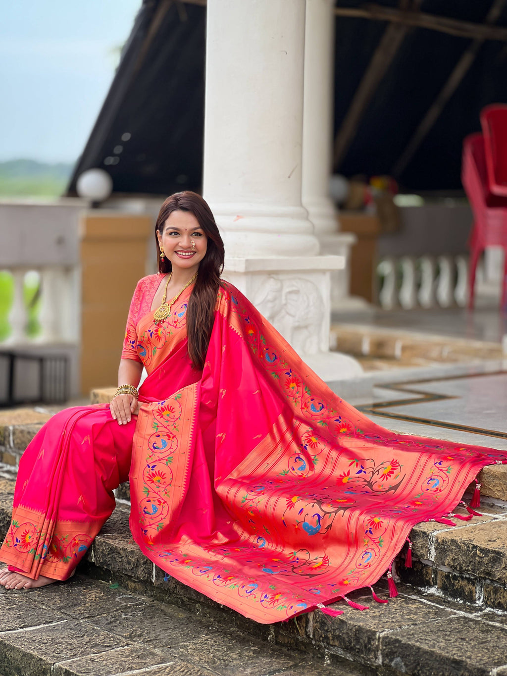 Mameraa Sarees Pink Green Faux Banarasi Silk Saree With Paithani Rich Weaved Pallu And Blouse-Pink | Grocsy