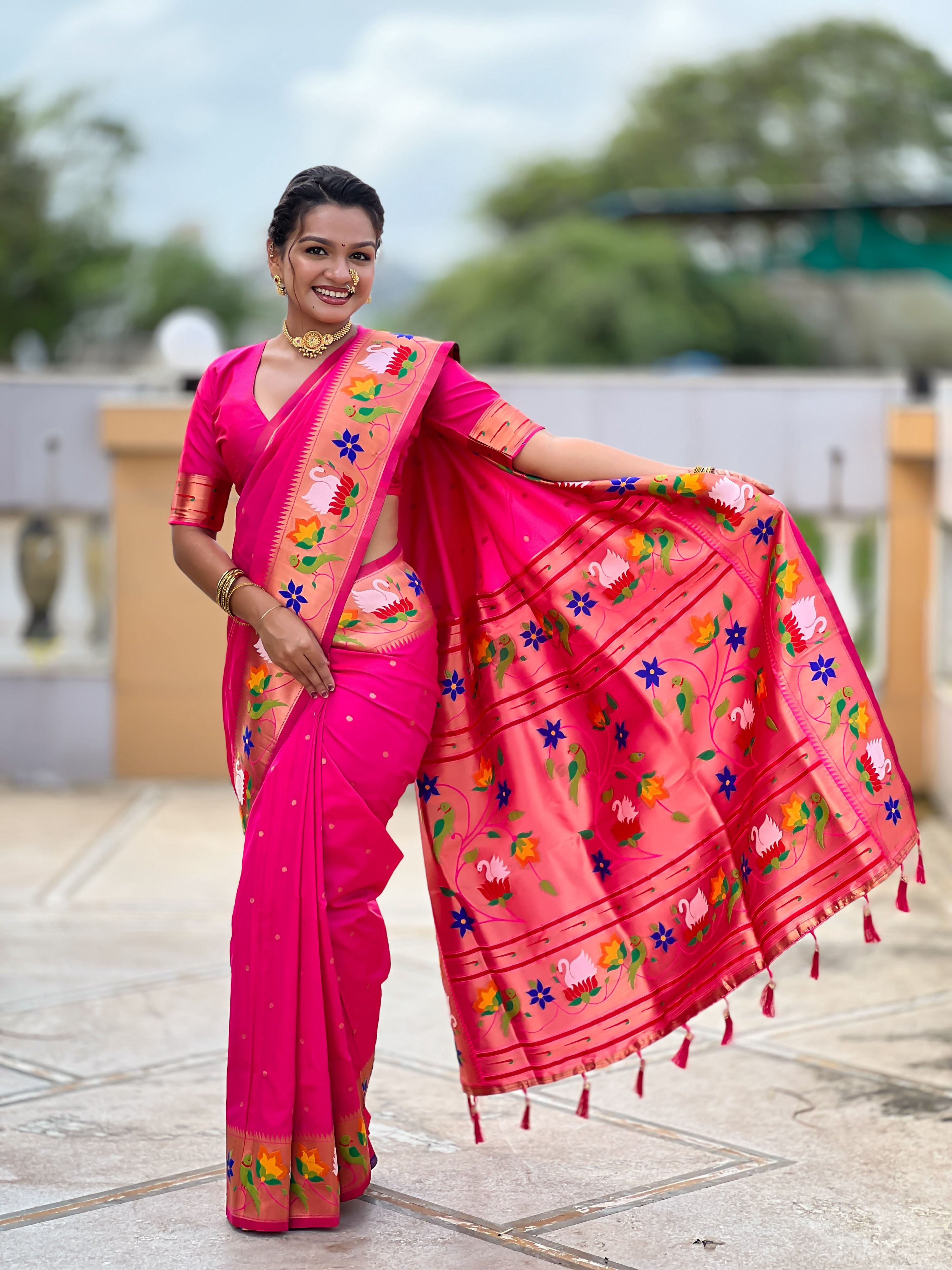 Mameraa Sarees Rani Pink Faux Banarasi Silk Saree With Paithani Rich Weaved Pallu And Blouse-Rani_Pink | Grocsy