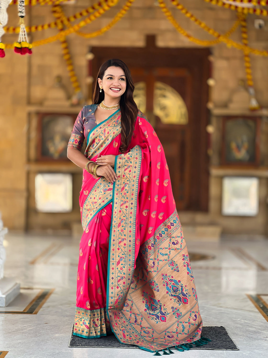 Mameraa Sarees Pink Green Faux Banarasi Silk Saree With Paithani Rich Weaved Pallu And Blouse-Pink | Grocsy
