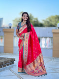 Mameraa Sarees Pink Green Faux Banarasi Silk Saree With Paithani Rich Weaved Pallu And Blouse-Pink | Grocsy