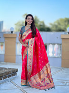Mameraa Sarees Pink Green Faux Banarasi Silk Saree With Paithani Rich Weaved Pallu And Blouse-Pink | Grocsy