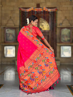 Mameraa Sarees Pink Green Faux Banarasi Silk Saree With Paithani Rich Weaved Pallu And Blouse-Pink | Grocsy