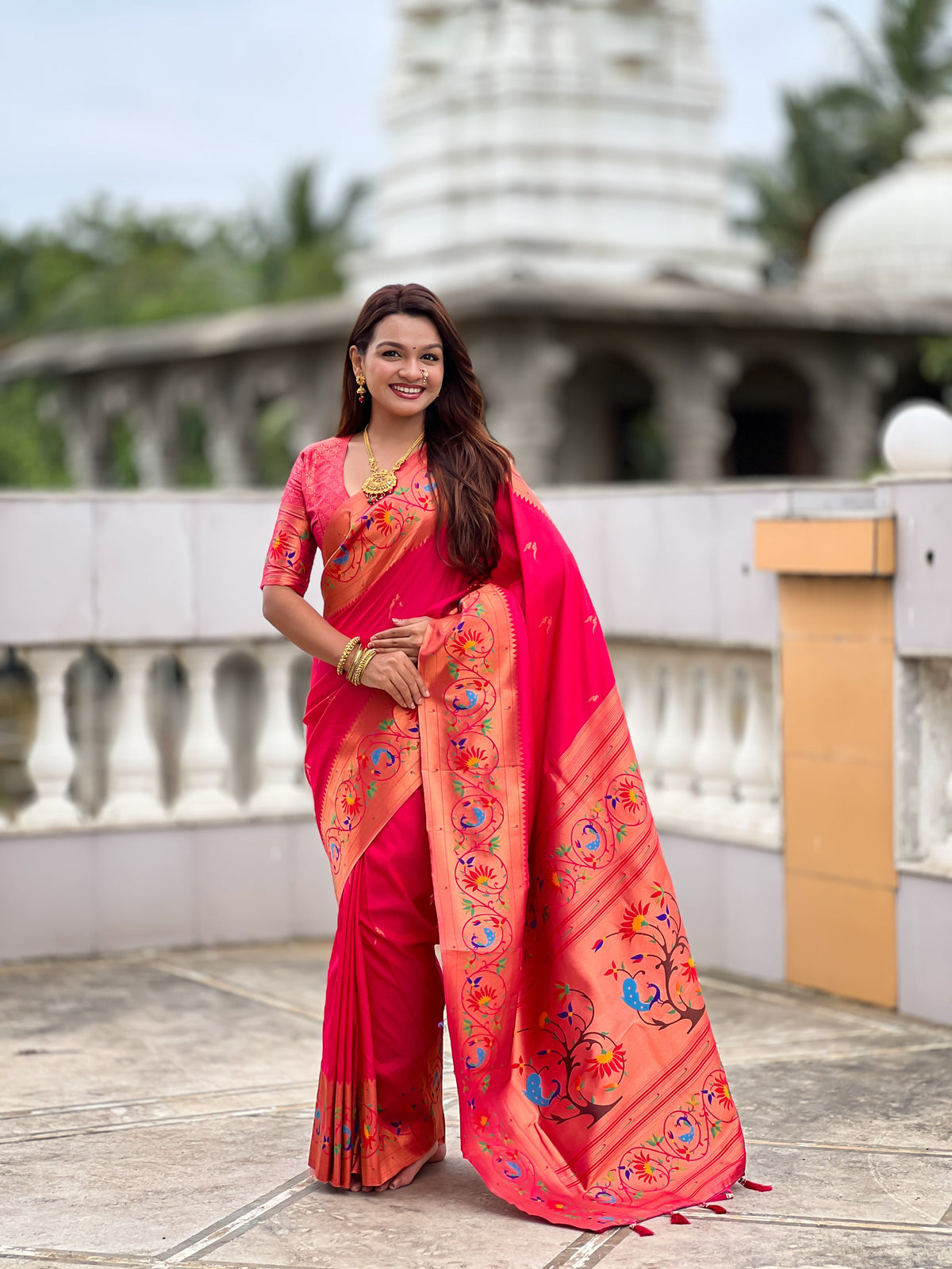 Mameraa Sarees Pink Green Faux Banarasi Silk Saree With Paithani Rich Weaved Pallu And Blouse-Pink | Grocsy