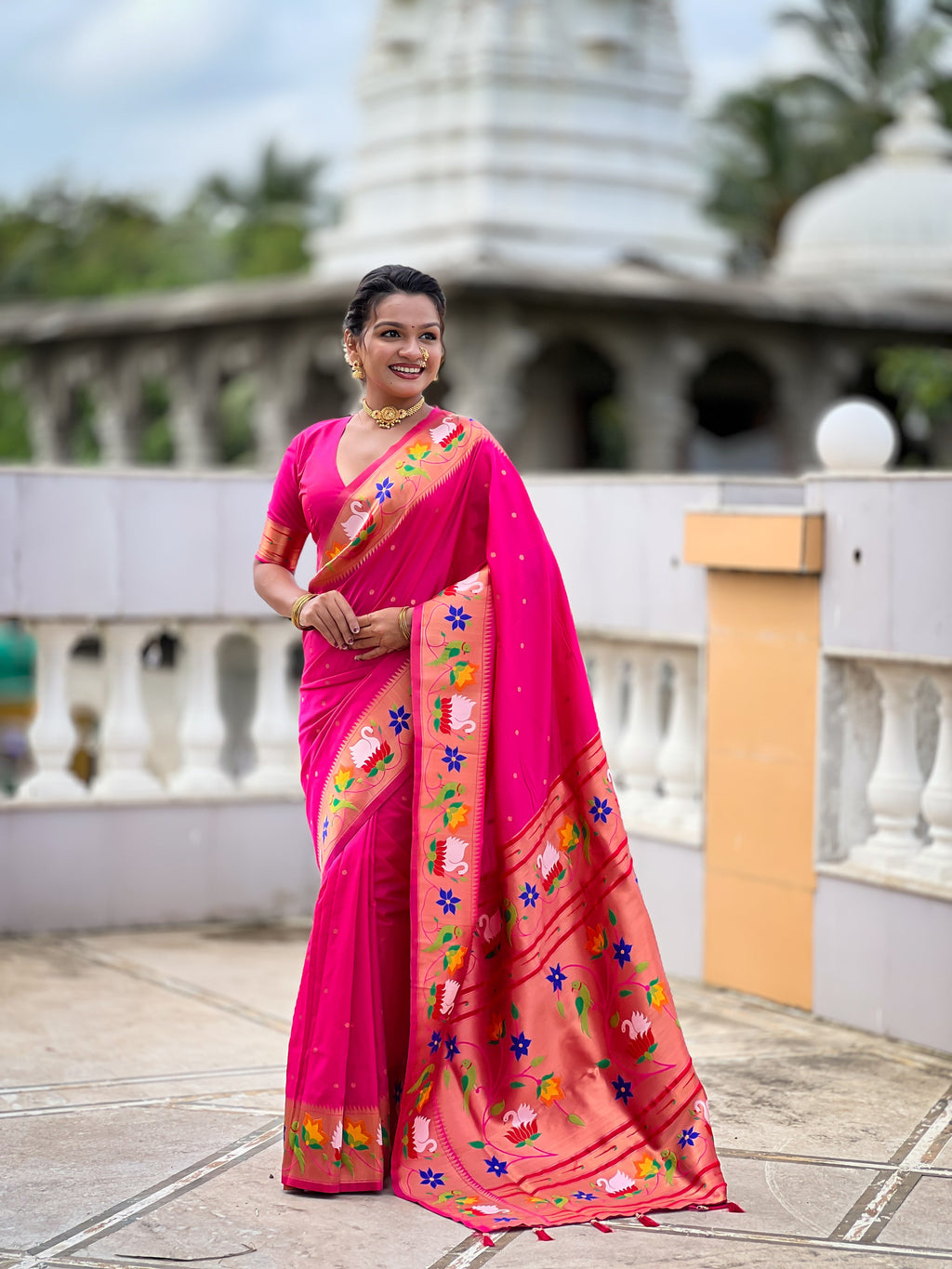 Mameraa Sarees Rani Pink Faux Banarasi Silk Saree With Paithani Rich Weaved Pallu And Blouse-Rani_Pink | Grocsy