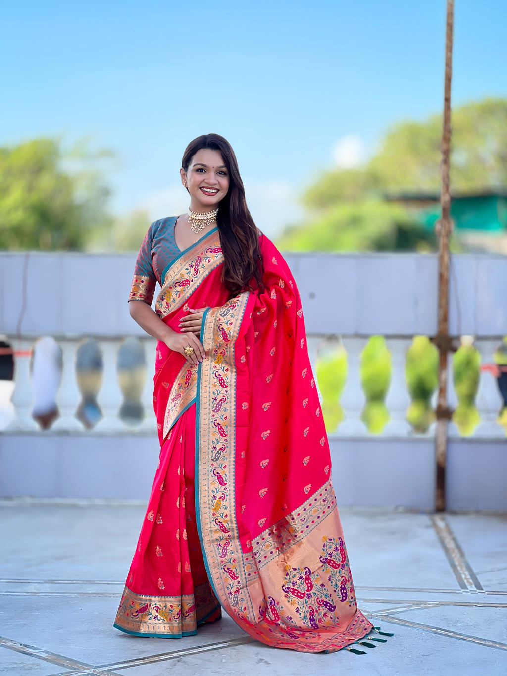 Mameraa Sarees Pink Green Faux Banarasi Silk Saree With Paithani Rich Weaved Pallu And Blouse-Pink | Grocsy
