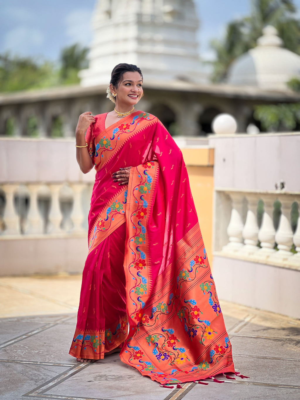 Mameraa Sarees Pink Green Faux Banarasi Silk Saree With Paithani Rich Weaved Pallu And Blouse-Pink | Grocsy