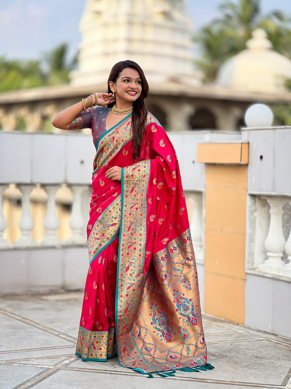 Mameraa Sarees Pink Green Faux Banarasi Silk Saree With Paithani Rich Weaved Pallu And Blouse-Pink | Grocsy