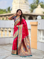 Mameraa Sarees Pink Green Faux Banarasi Silk Saree With Paithani Rich Weaved Pallu And Blouse-Pink | Grocsy