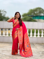 Mameraa Sarees Pink Green Faux Banarasi Silk Saree With Paithani Rich Weaved Pallu And Blouse-Pink | Grocsy