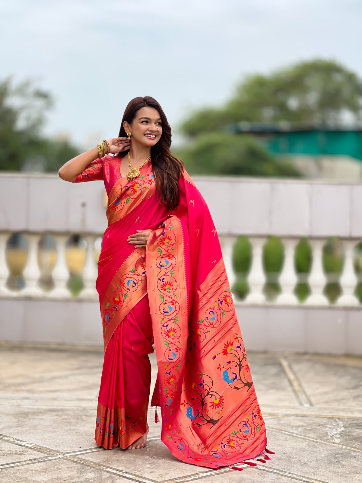 Mameraa Sarees Pink Green Faux Banarasi Silk Saree With Paithani Rich Weaved Pallu And Blouse-Pink | Grocsy
