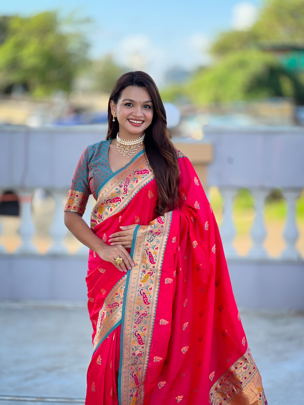 Mameraa Sarees Pink Green Faux Banarasi Silk Saree With Paithani Rich Weaved Pallu And Blouse-Pink | Grocsy