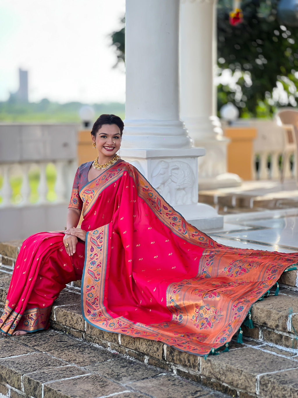 Mameraa Sarees Pink Green Faux Banarasi Silk Saree With Paithani Rich Weaved Pallu And Blouse-Pink | Grocsy