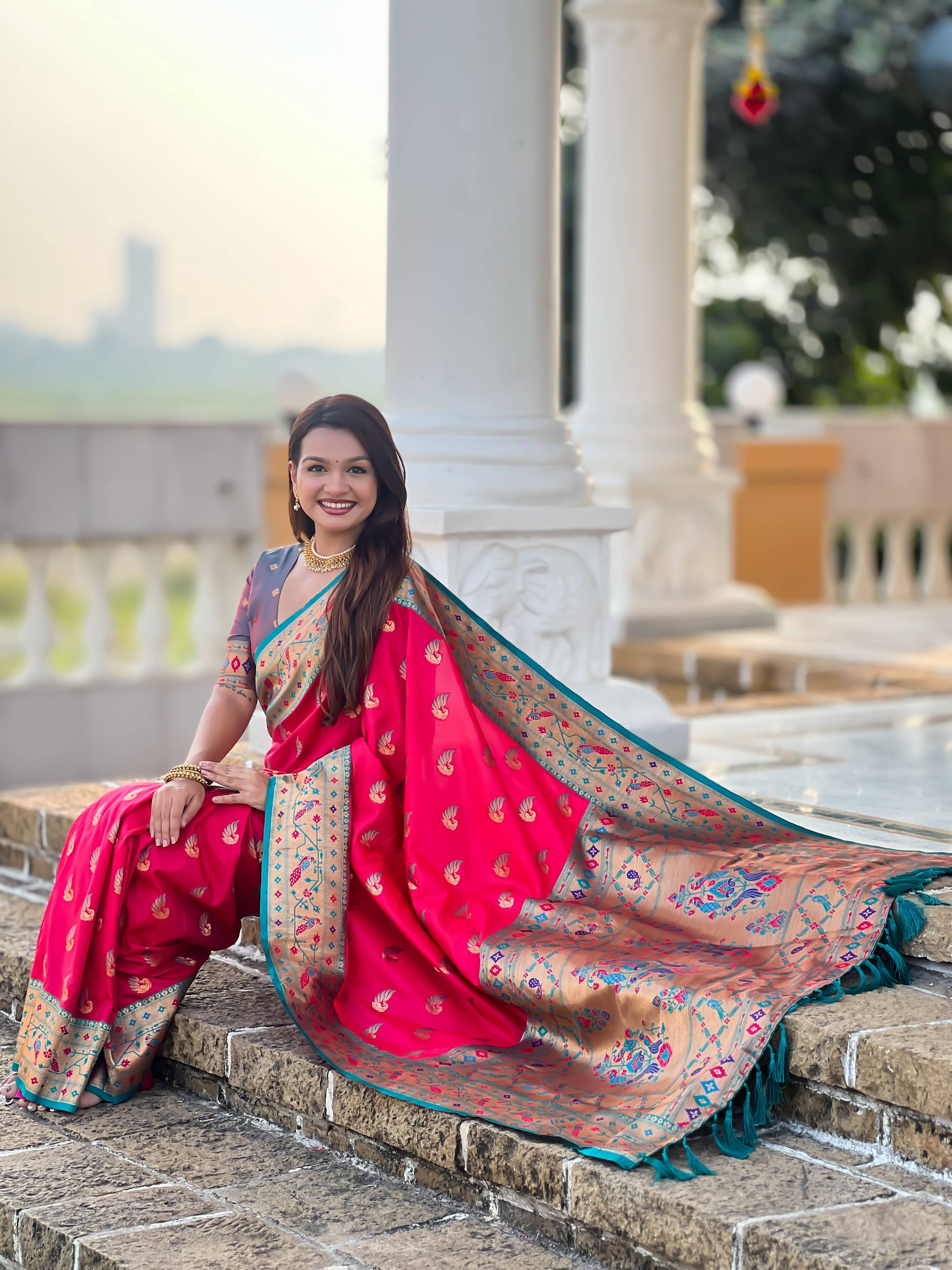 Mameraa Sarees Pink Green Faux Banarasi Silk Saree With Paithani Rich Weaved Pallu And Blouse-Pink | Grocsy
