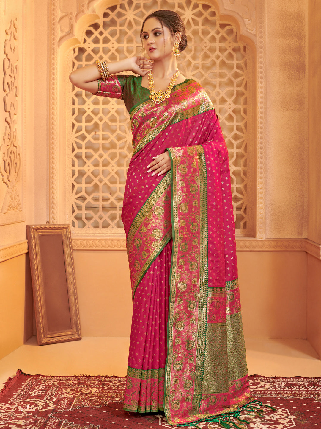 Anaita Rani Pink Silk Saree With Blouse Piece | Grocsy