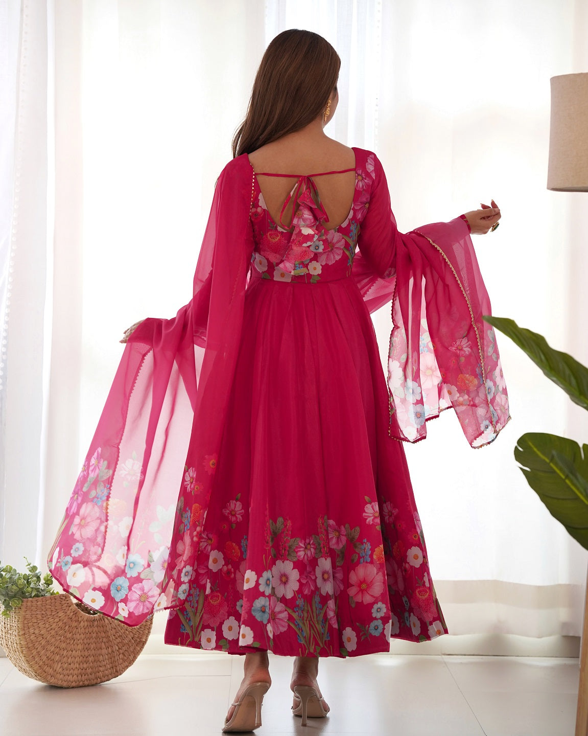 Evanik Rani Pink Soft Organza Silk With Floral Print Fully Flared Anarkali Pant With Dupatta Set | Grocsy