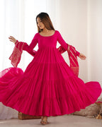 Evanik Rani Pink Pure Roman Silk Chanderi With Fully Flair Anarkali Pant With Dupatta | Grocsy